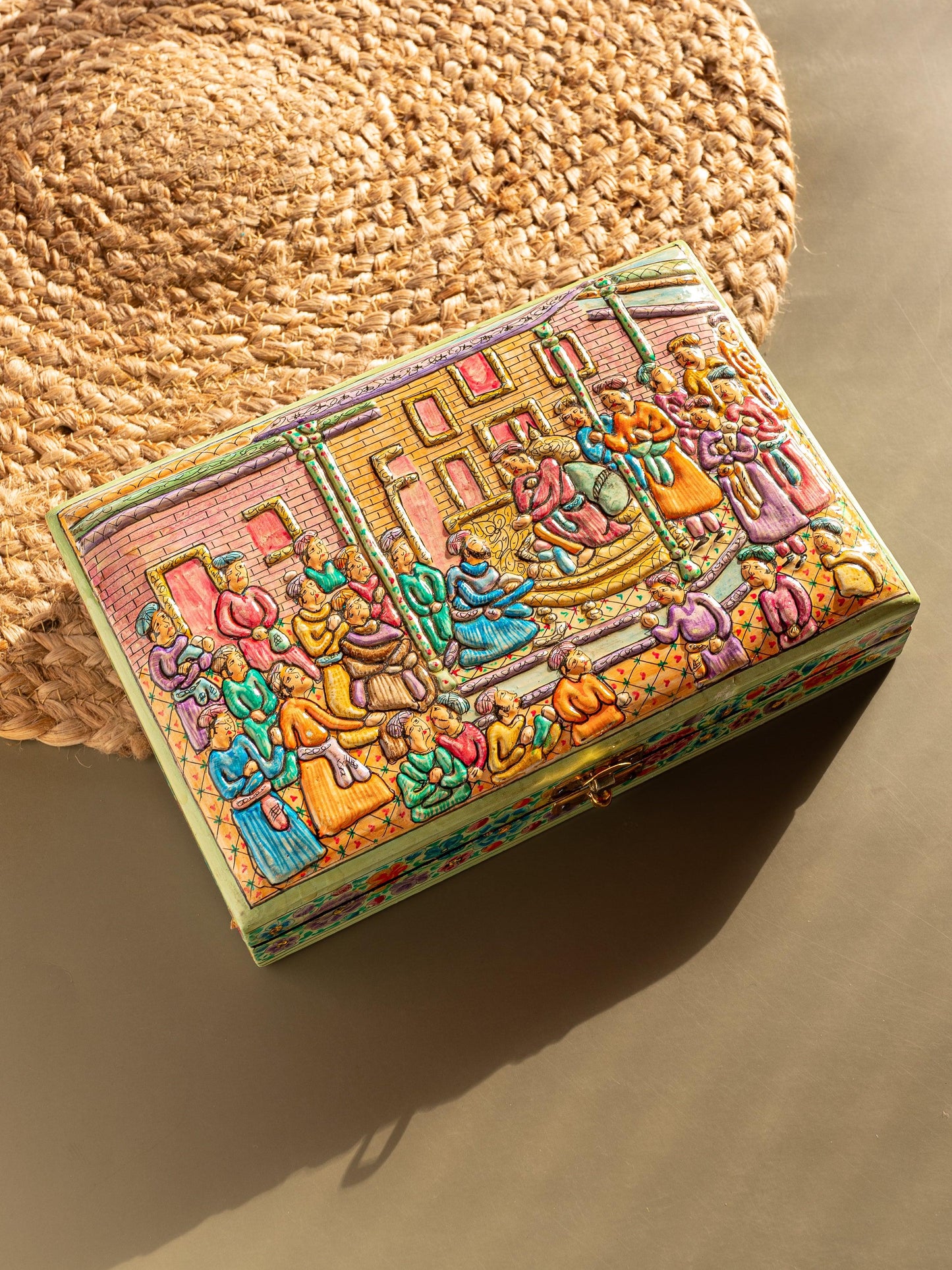 Paper Mache Jewellery box with Mughal Courtyard design embossed