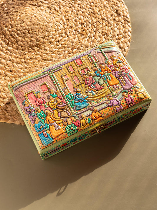 Paper Mache Jewellery box with Mughal Courtyard design embossed