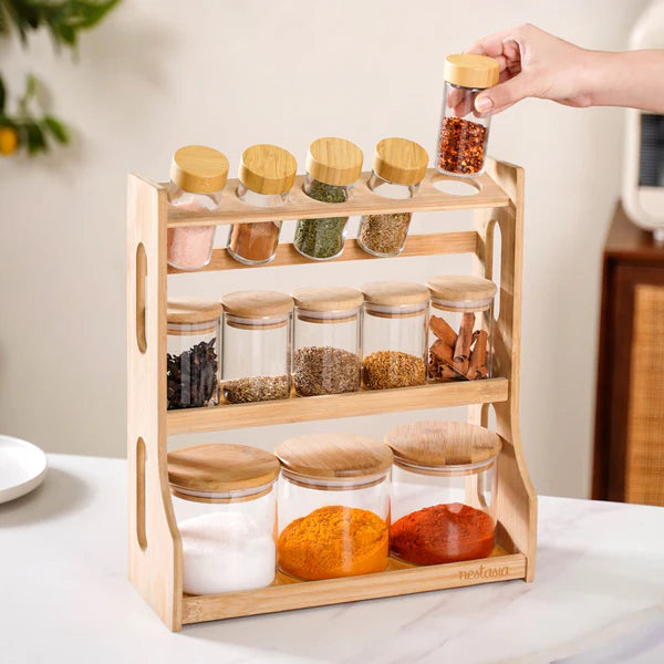 Airtight Spice Jars with wooden rack - Set Of 13 jars