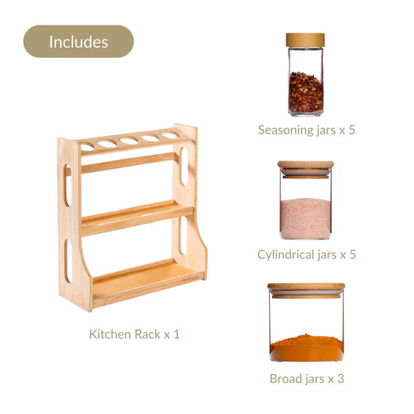 Airtight Spice Jars with wooden rack - Set Of 13 jars