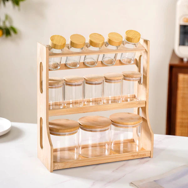 Airtight Spice Jars with wooden rack - Set Of 13 jars