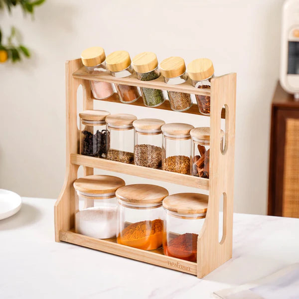 Airtight Spice Jars with wooden rack - Set Of 13 jars