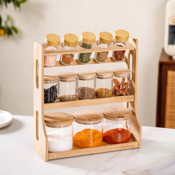 Airtight Spice Jars with wooden rack - Set Of 13 jars