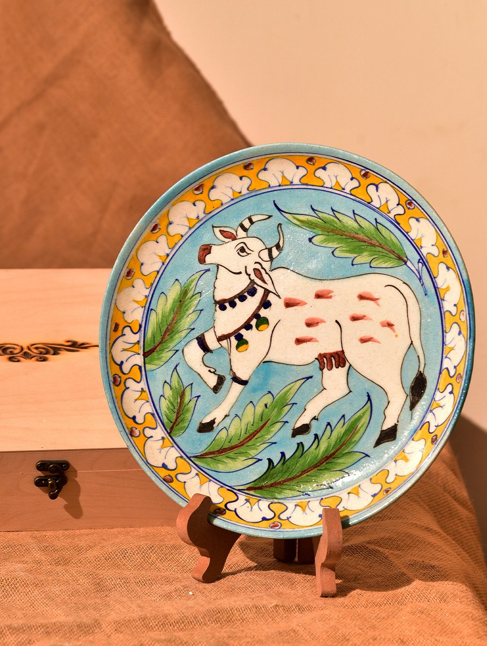 Decorative Plate With Wooden Stand ,Jaipur Blue Pottery - India Series