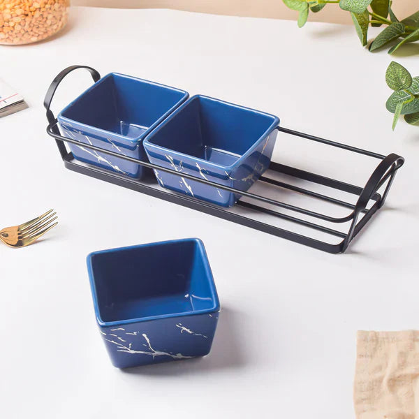 Ceramic Bowls & Tray ,Set Of 4 - Cerulean