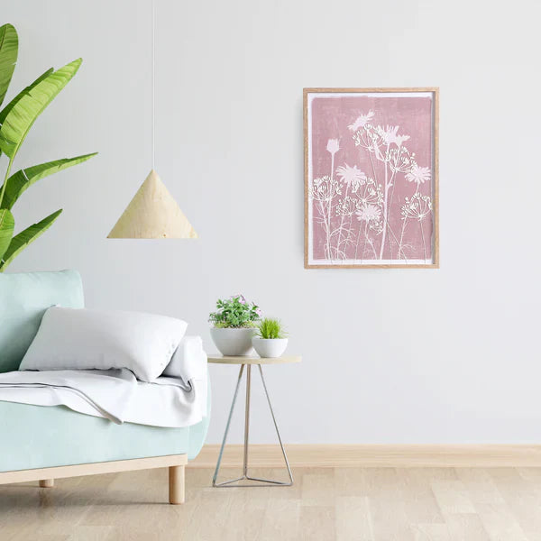 Floral Emboss Print Canvas Wall Art - Pink & White