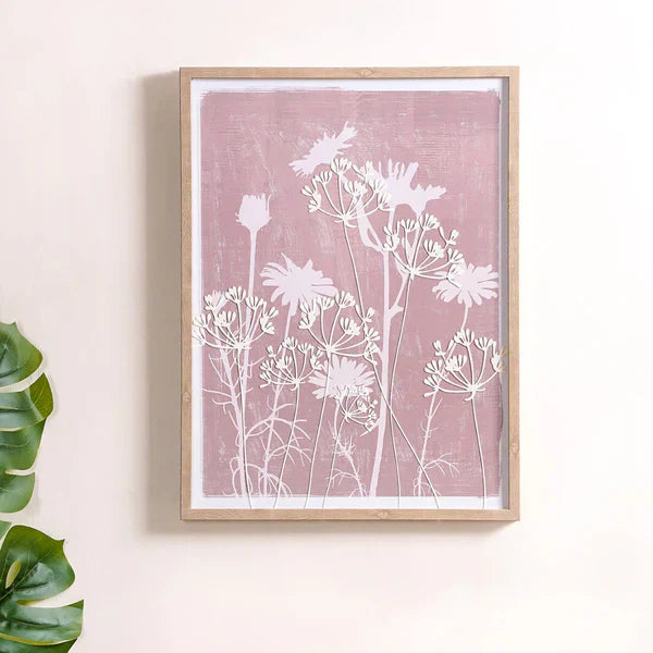 Floral Emboss Print Canvas Wall Art - Pink & White